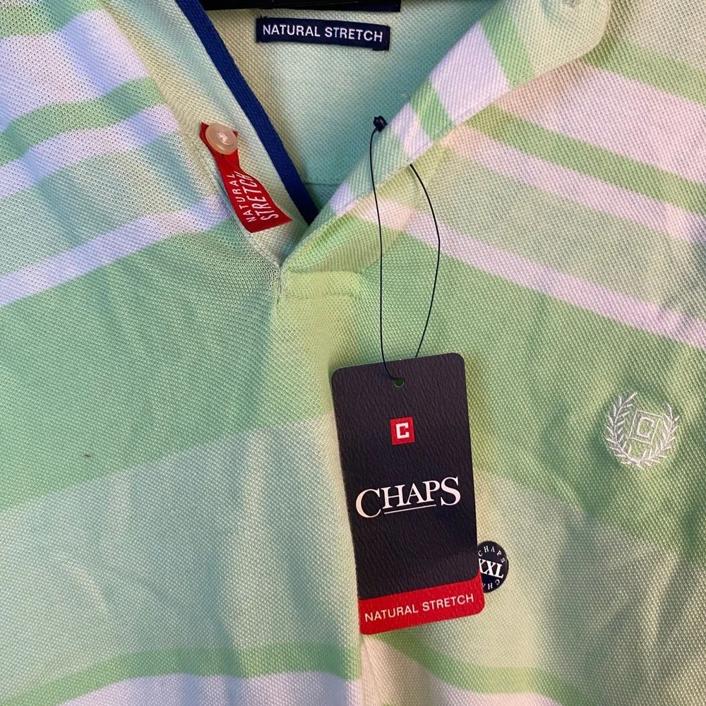 New with tags Chaps Natural Stretch men's polo shirt in size XXL. Green striped